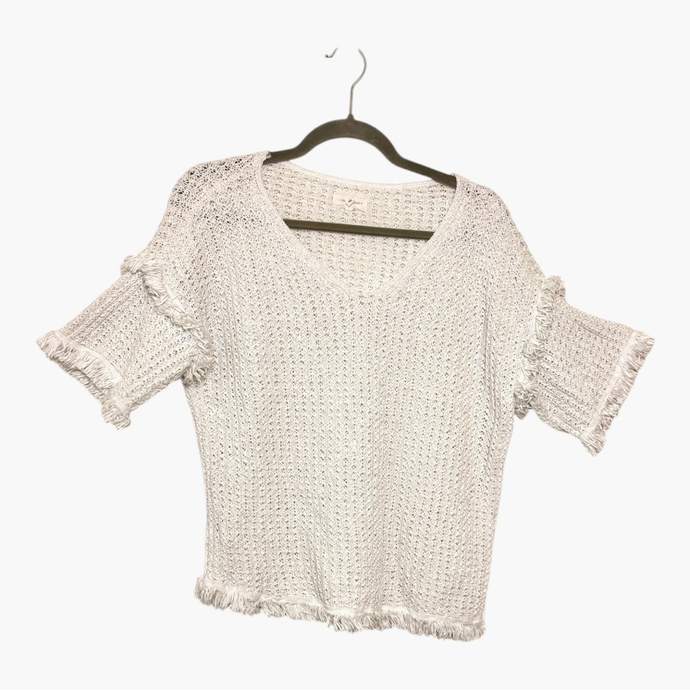 Lou & Grey Cream Open Knit Fringe Sleeve Sweater Top Boho Peasant Medium